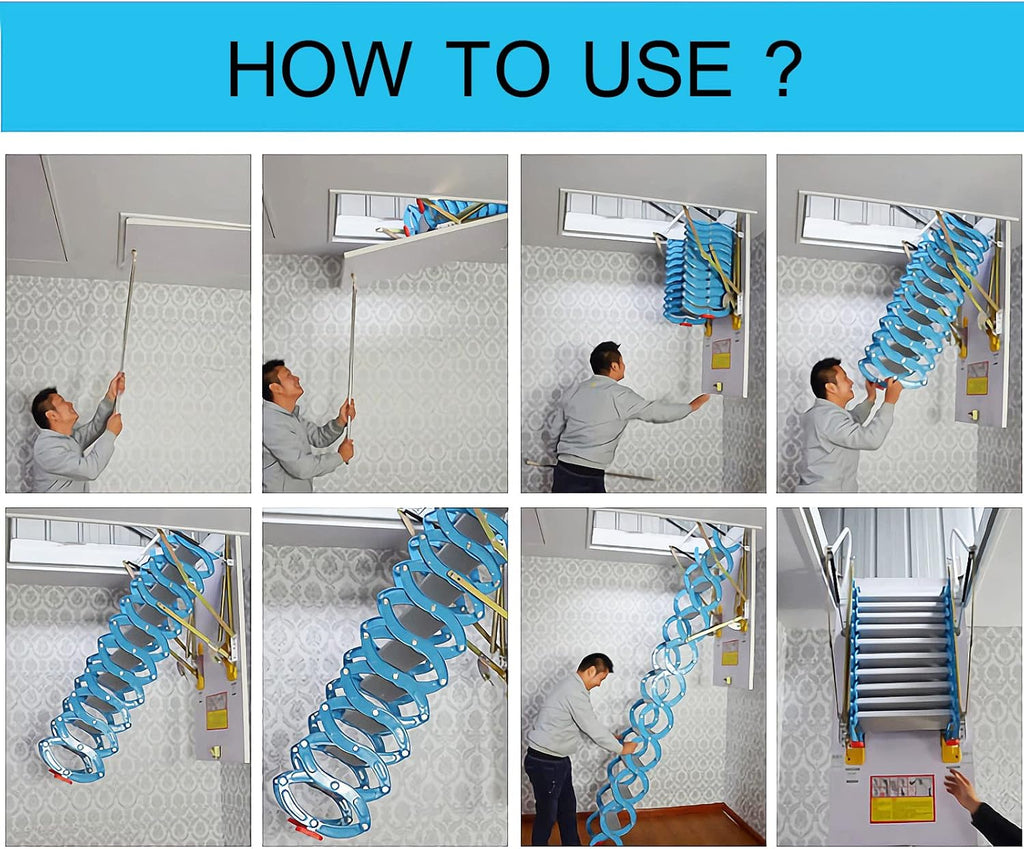 TECHTONGDA Attic Ladder 12 Steps Pull Down Stairs, Carbon Steel, 9.8ft Height Q214