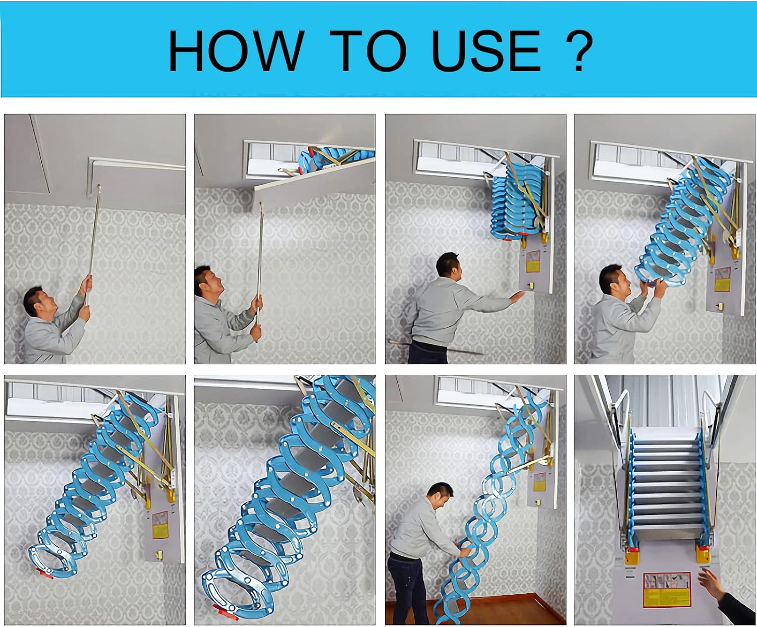 TECHTONGDA Attic Ladder 12 Steps Pull Down Stairs, Carbon Steel, 9.8ft Height Q214