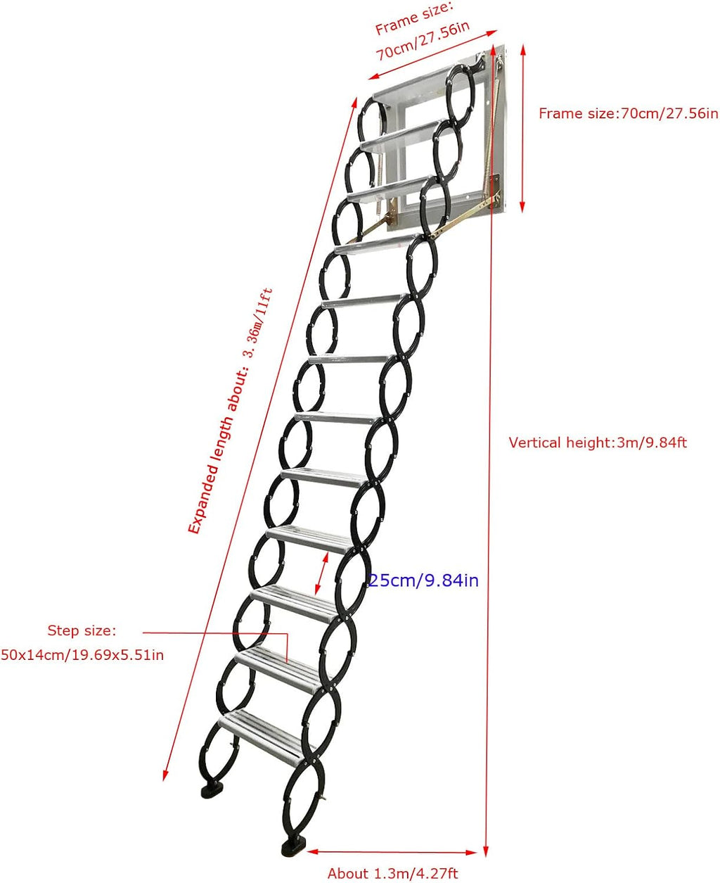 TECHTONGDA Attic Ladder 12 Steps Wall-mounted Folding Stairs, 9.8 ft, Ti-Mg Alloy A21331