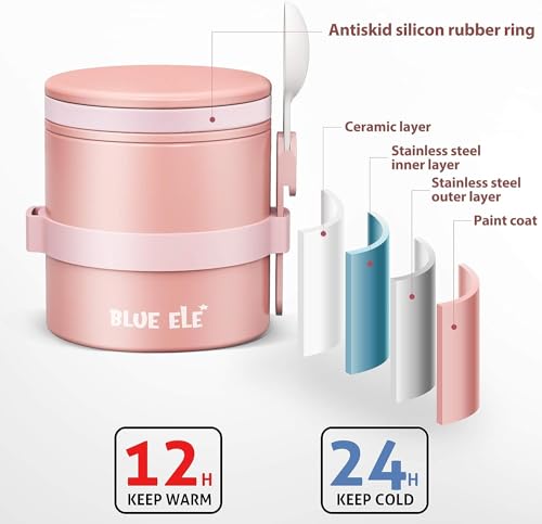 BLUE ELE 13.5oz Vacuum Insulated Thermos Lunch Container with Spoon, Carnation Pink R571160