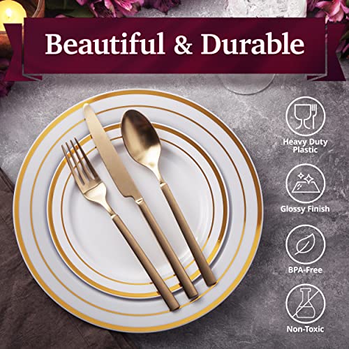 Aya's Cutlery Kingdom 100 White Plastic Plates with Gold Trim, 50 Dinner + 50 Salad Plates A6218