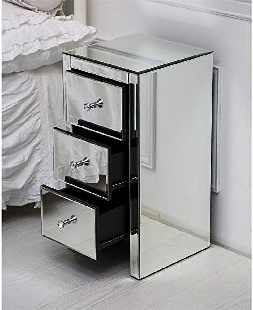 RUNFAYBIU Mirrored Nightstand with 3 Drawers and Crystal-Style Knobs E8054