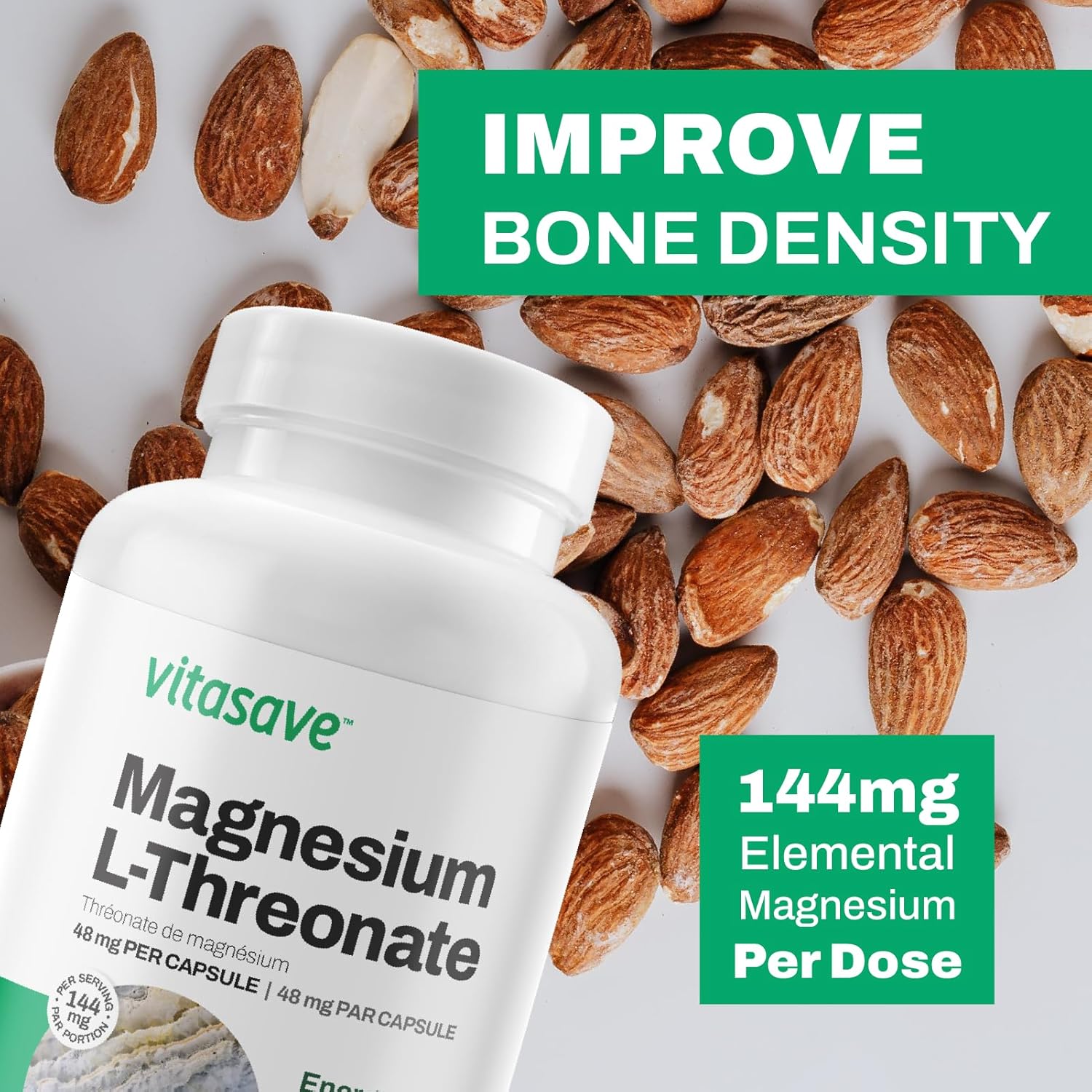 Magnesium L-Threonate 144mg, Vegan-Friendly, 120 Capsules D694883