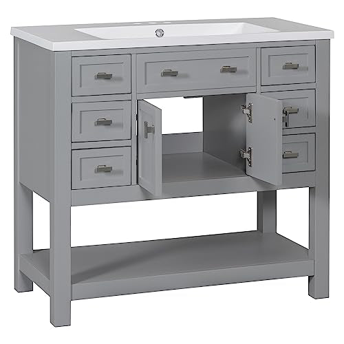 22" Small Bathroom Vanity with White Cabinet, Ceramic Vessel Sink & Left Side Storage R845232