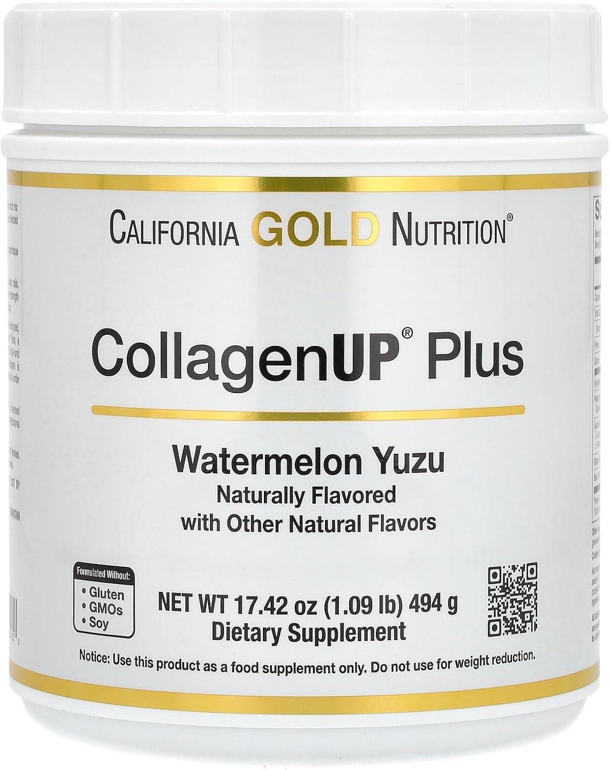 California Gold Nutrition CollagenUp Plus, Hydrolyzed Marine Collagen Peptides with Fiber and Essential Amino Acids, Watermelon Yuzu, 1.09 lb (494 g)