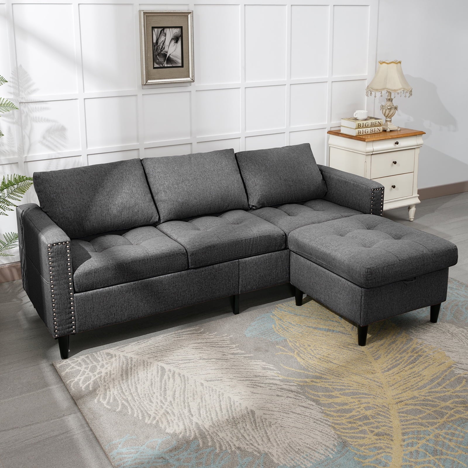 ZAFLY Reversible Sectional Couch, 3-Seat L-Shaped Modular Sleeper Sofa Bed with Storage Ottoman, Dark Grey D36329