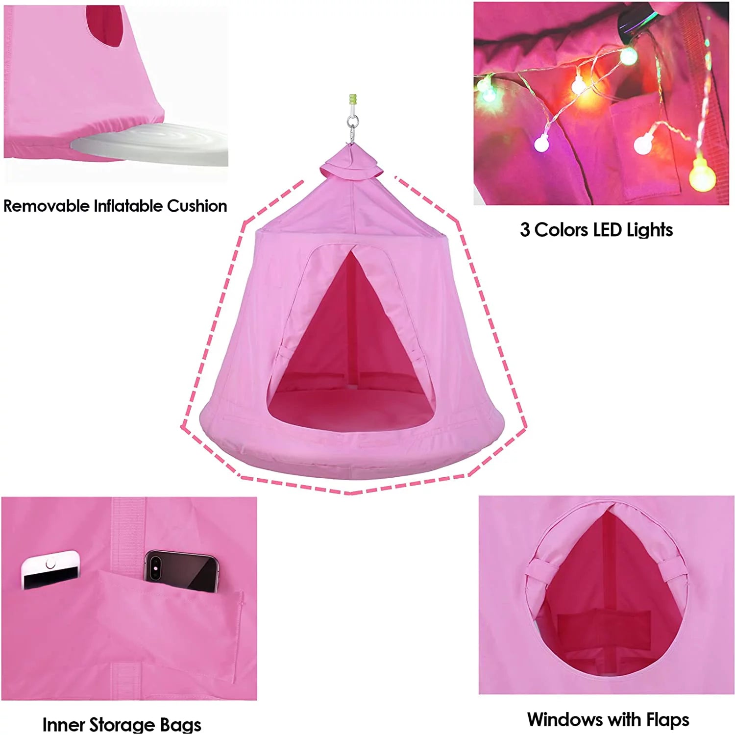 LAZY BUDDY Hammock Chair Set with Steel Stand, LED Lights, 330 lbs (Pink) N237115
