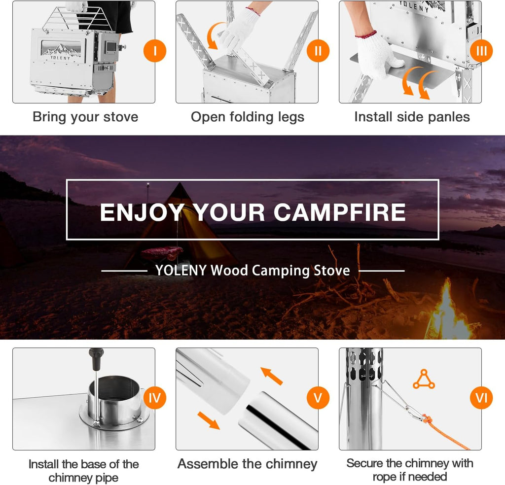 YOLENY Wood Stove with Chimney Pipes and Carry Bag for Camping, Hiking, Backpacking F475