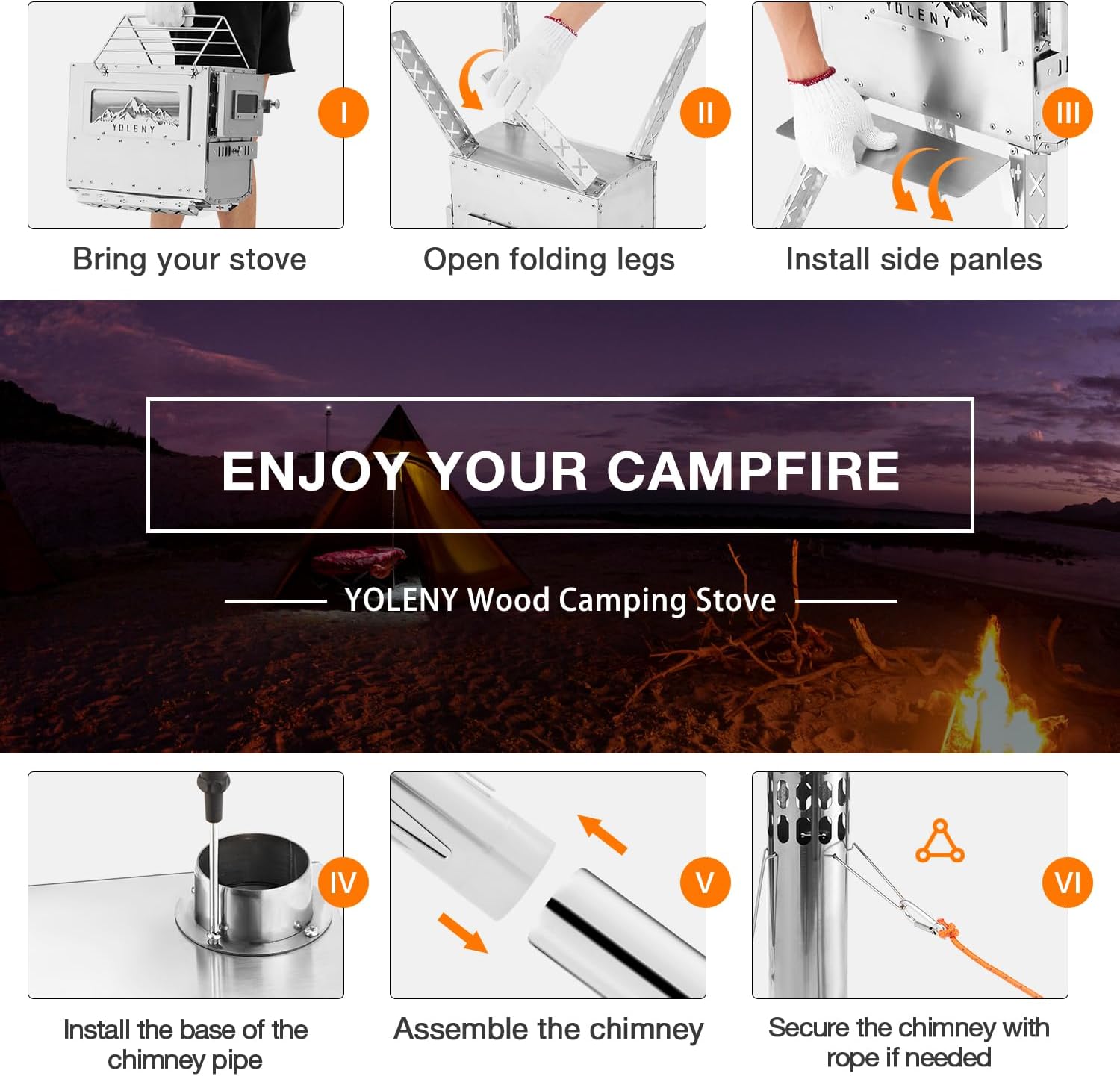 YOLENY Wood Stove with Chimney Pipes and Carry Bag for Camping, Hiking, Backpacking F475