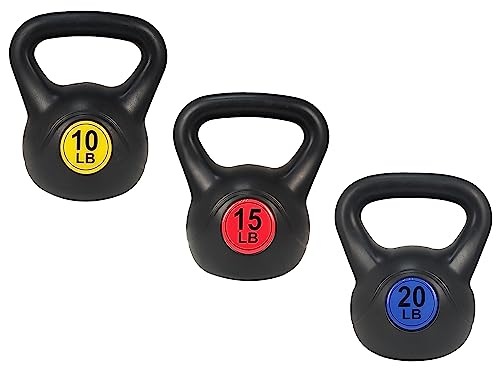 Signature Fitness ​Wide Grip 3-Piece Kettlebell Exercise Fitness Weight Set, Include 5 lbs, 10 lbs, ​15 lbs​ and 20 lbs, Set of 3 or Set of 4