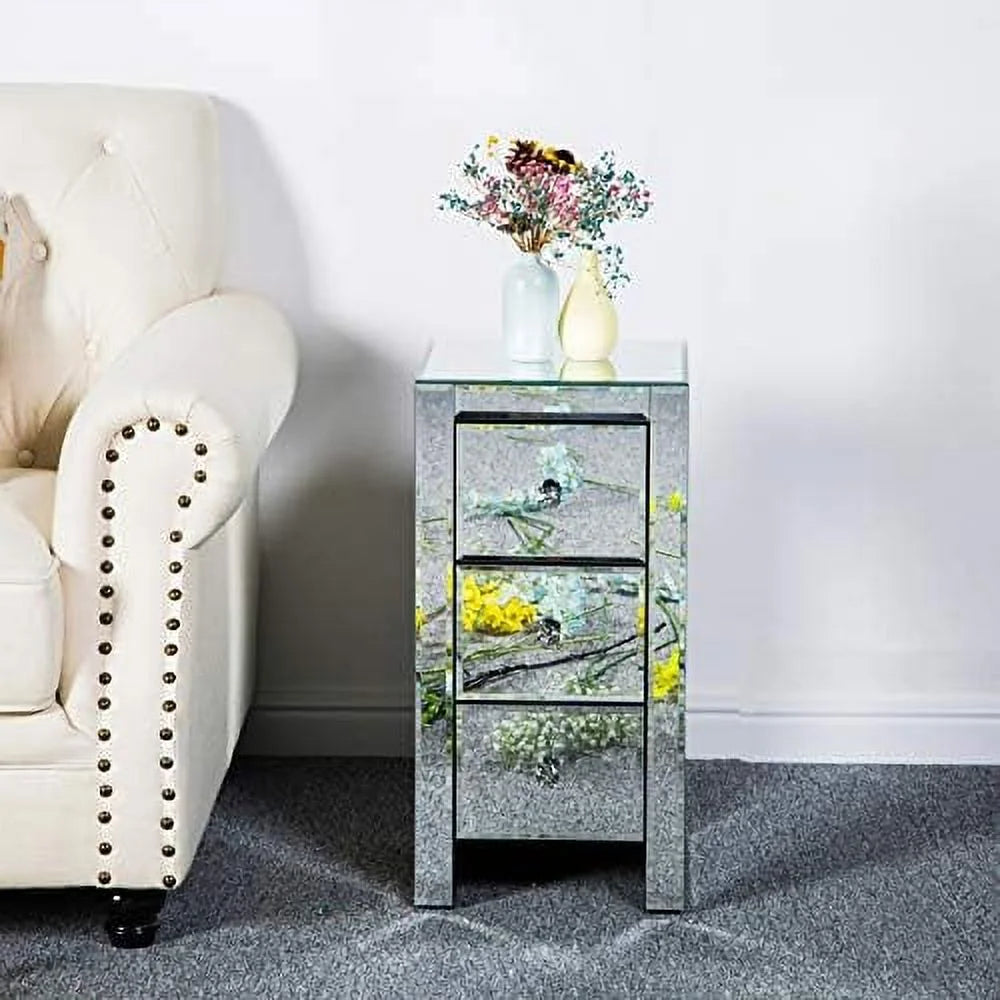 RUNFAYBIU Mirrored Nightstand with 3 Drawers and Crystal-Style Knobs E8054