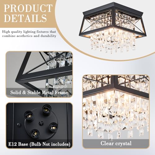 Crystal Flush Mount Ceiling Light, 11.8 inch 4-Light Black Farmhouse O868