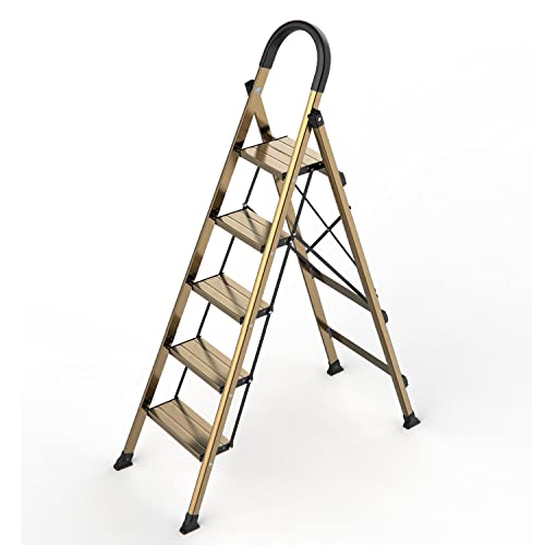 SOLADDER 5 Step Ladder, Folding Step Stool, Lightweight Aluminum Foldable Black Ladder for 10 Foot High Ceiling with Anti-Slip Wide Sturdy Pedal and Handgrip, Multi-Use for Home (300 lbs Capacity)