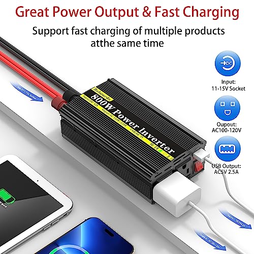 800W Car Power Inverter DC 12V to 110V AC with 2 Outlets and USB A313097