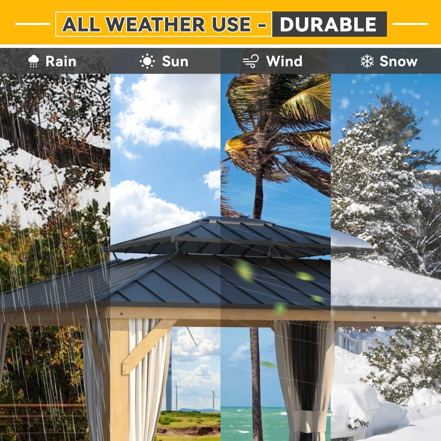 EROMMY 13'x15' Wood Gazebo with Netting and Curtains J203