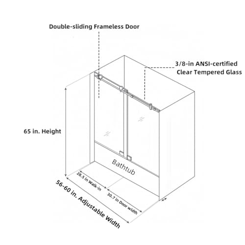 Frameless Sliding Tub Door 56-60in W x 65in H, Clear Tempered Glass, Brushed Nickel P567765