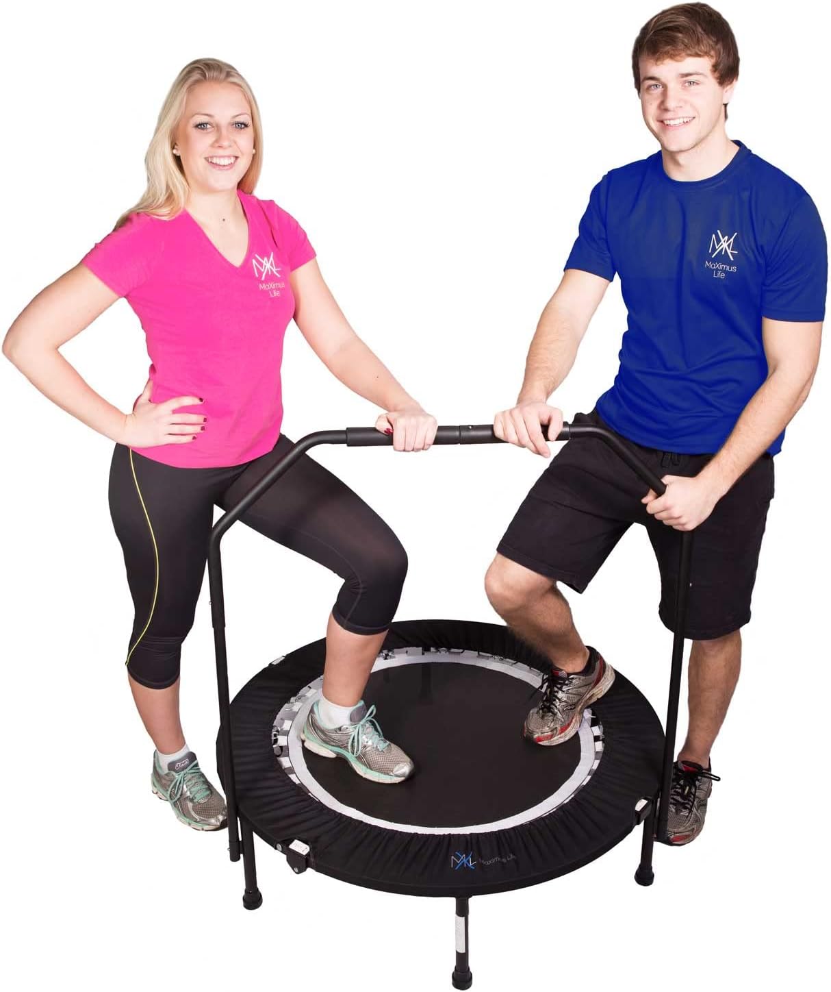 MaXimus PRO Folding Rebounder USA | Voted #1 Indoor Exercise Mini Trampoline for Adults with Bar | Fitness & Weight Loss| FREE Storage Bag, Resistance Bands, ONLINE & DVD Workouts | Already Assembled