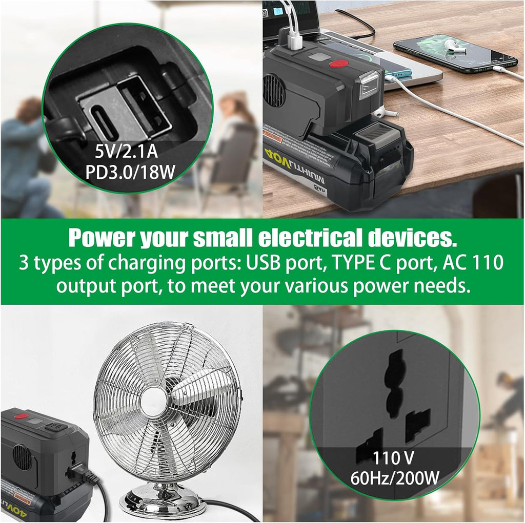 Ryobi 40V Battery Power Inverter 200W DC to AC 110V with USB & Type C U553