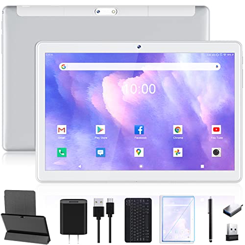 2024 Newest 10.1 Inch Android Tablet With Keyboard - 5G WIFI Tablets Ultra-Portable- RAM 4GB | ROM 64GB 128GB Expandable -6000mAh | Dual Camera | Bluetooth 5.0| 1080FHD | GPS | Mouse/Stylus-Silver