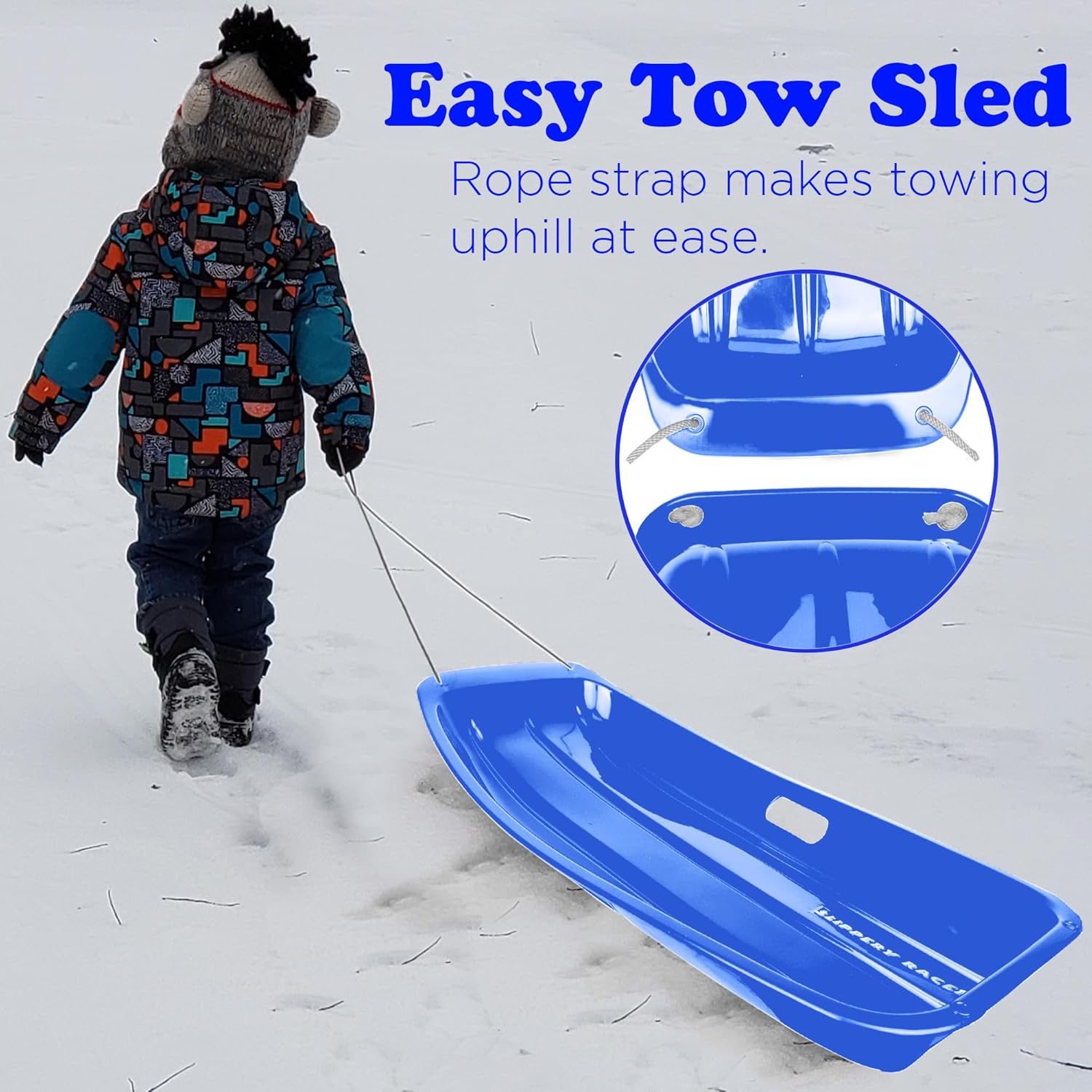 Downhill Sprinter Flexible Plastic Toboggan Snow Sled with Handles and Pull Rope, Blue (3 Pack) A3554