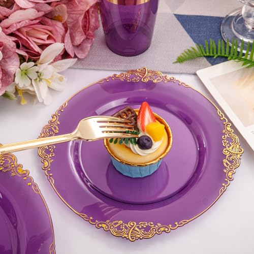 Nervure 350PCS Clear Gold Plastic Plates Dinnerware Set for 50 Guests S7668