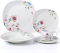 Lorren Home Trends Porcelain 20 Piece Square Dinnerware Set Service for 4-Small Floral Design, White