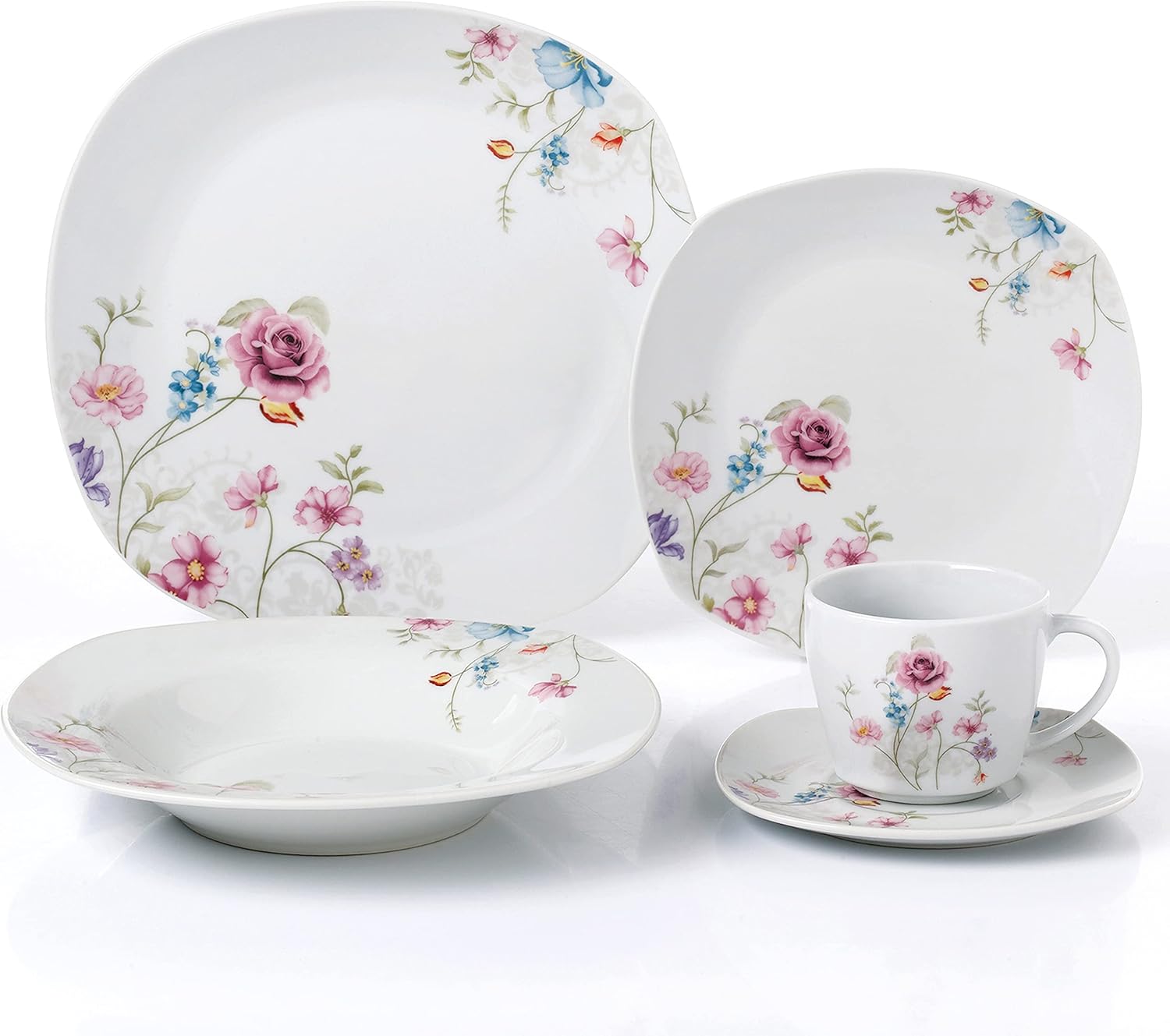 Lorren Home Trends Porcelain 20 Piece Square Dinnerware Set Service for 4-Small Floral Design, White