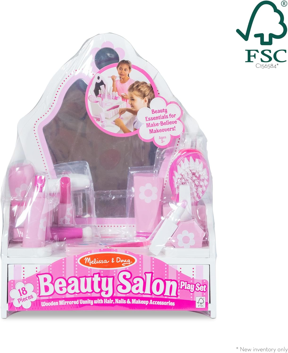Melissa & Doug Wooden Beauty Salon Play Set with Vanity and Accessories F8918