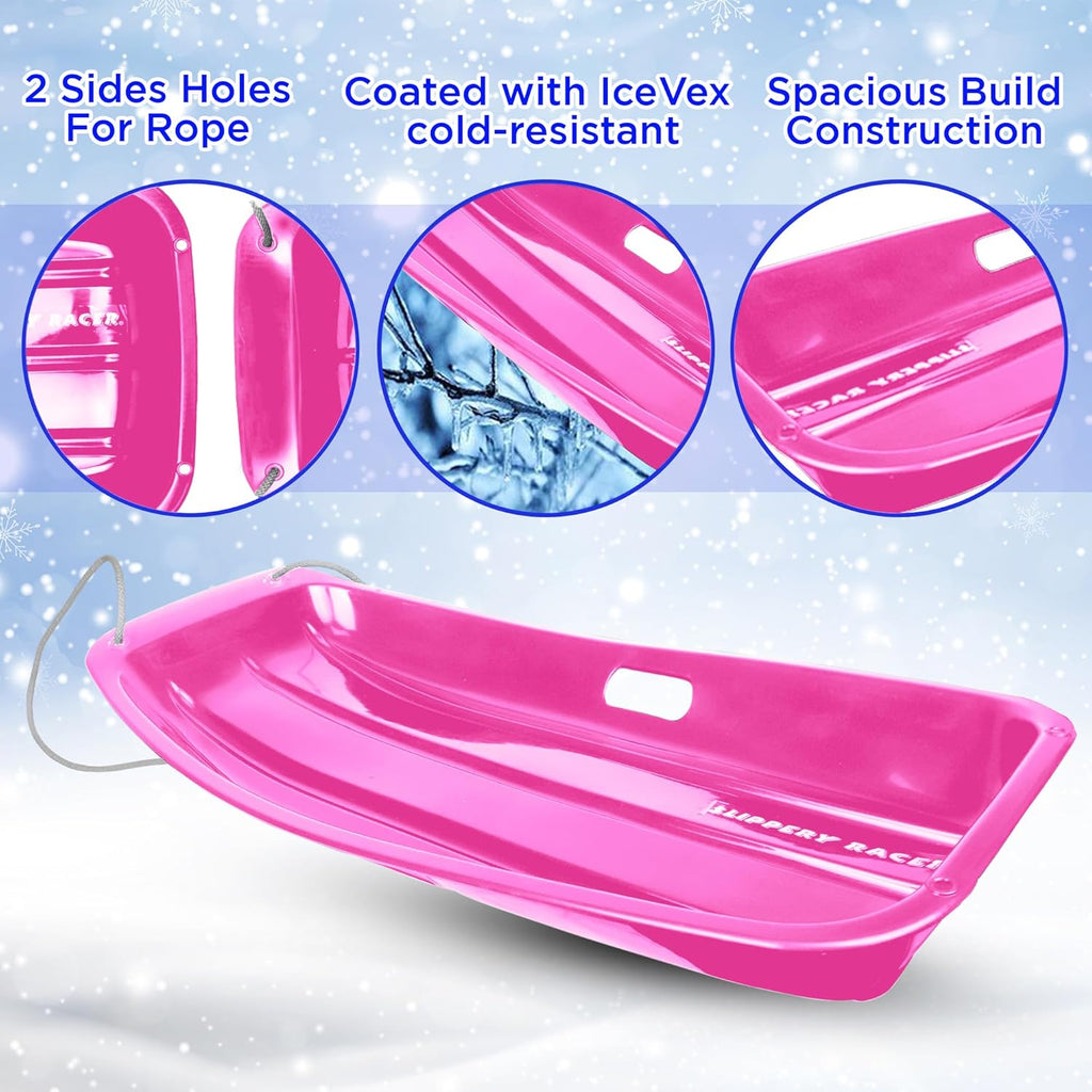 Kids Plastic Snow Sled with Pull Rope and Handles, Pink (3 Pack) V20965