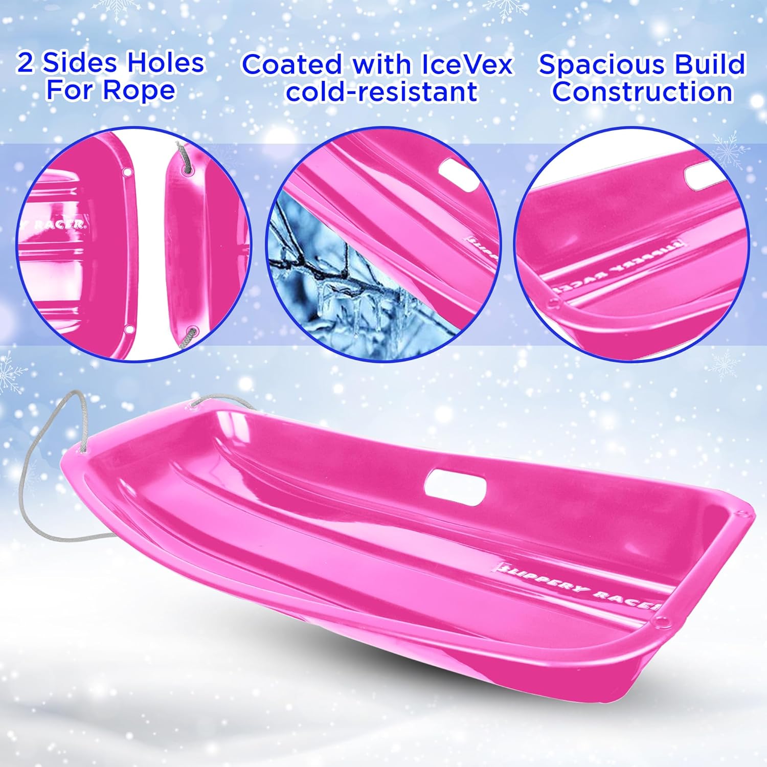 Kids Plastic Snow Sled with Pull Rope and Handles, Pink (3 Pack) V20965