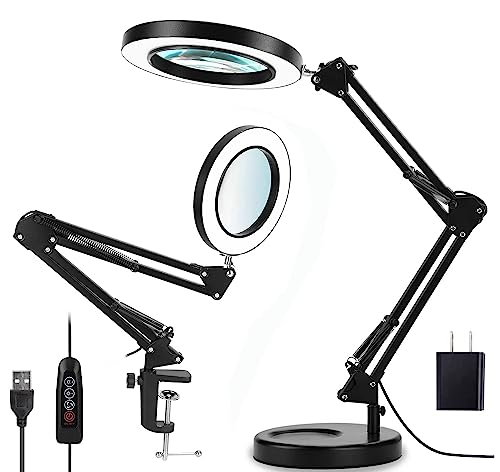 Magnifying Glass with Light and Stand, 10X Magnifying Lamp,Qsky 2-in-1 Desk Lamp with Clamp,3 Color Modes & Stepless Dimmable, LED Lighted Magnifier for Reading, Crafts, Repair, Close Work (White)
