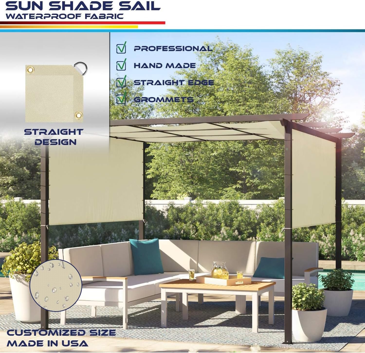 12' x 16' Waterproof Sun Shade Sail Straight Edge Canopy Cover UV Block (Beige) U152