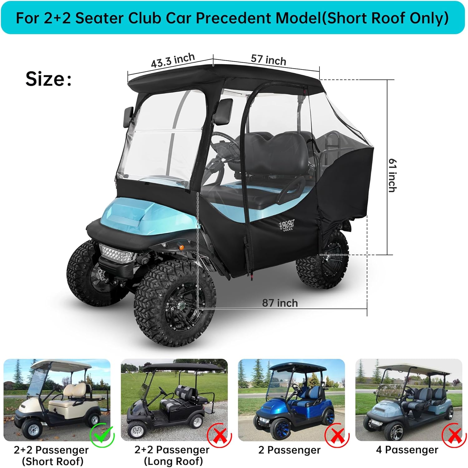 10L0L 4 Passenger Golf Cart Enclosure for Club Car Precedent Short Roof, Clear Windows, 420D Waterproof M640