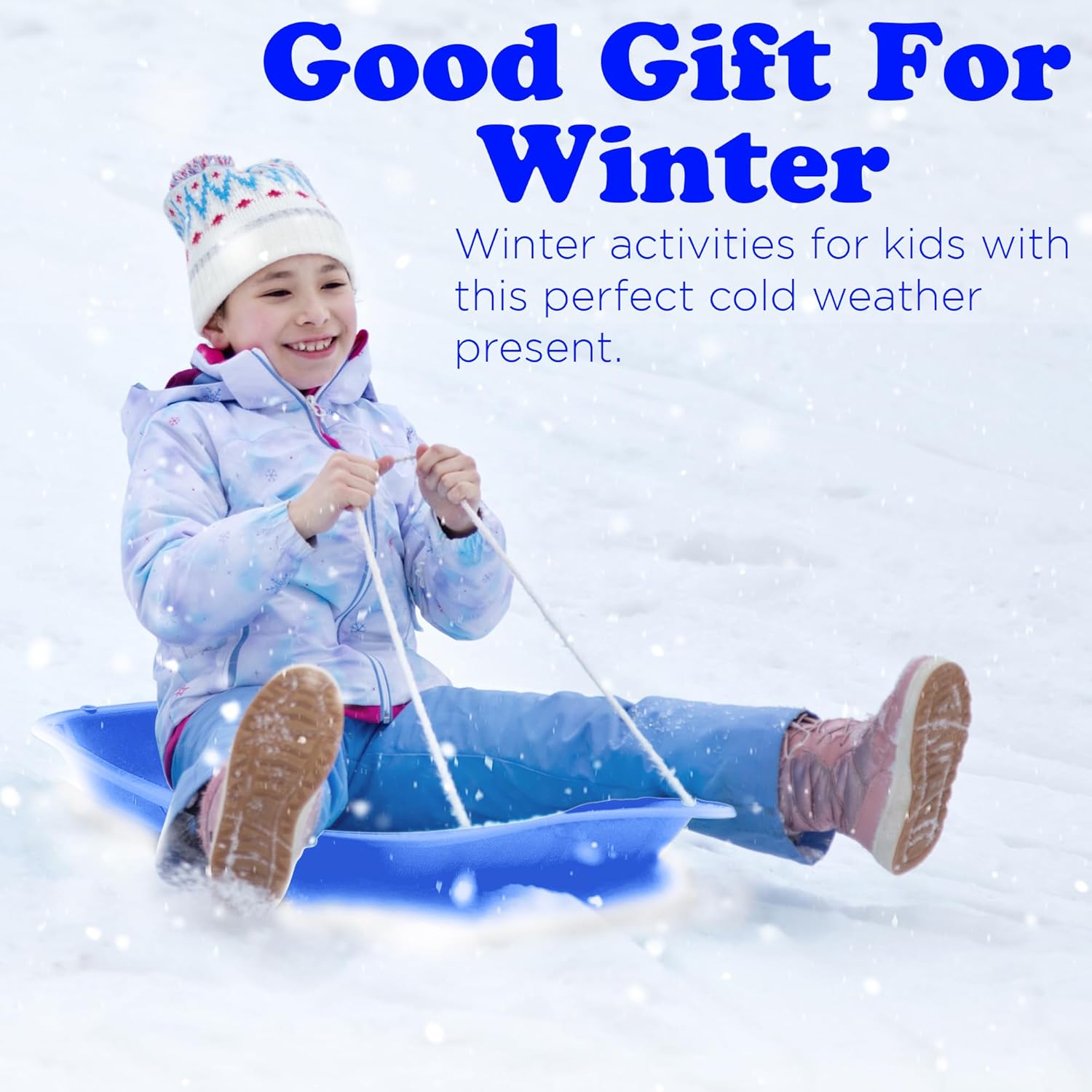 Downhill Sprinter Flexible Plastic Toboggan Snow Sled with Handles and Pull Rope, Blue (3 Pack) A3554