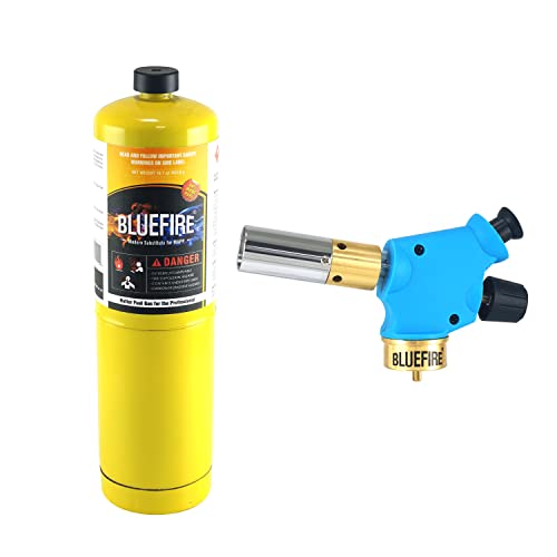BLUEFIRE Handy Cyclone Torch Kit with MAPP Cylinder Push Button Trigger Start Nozzle Head Fuel by Propane MAPP MAP PRO Gas Welding Soldering Brazing Cooking Glass Beads DIY