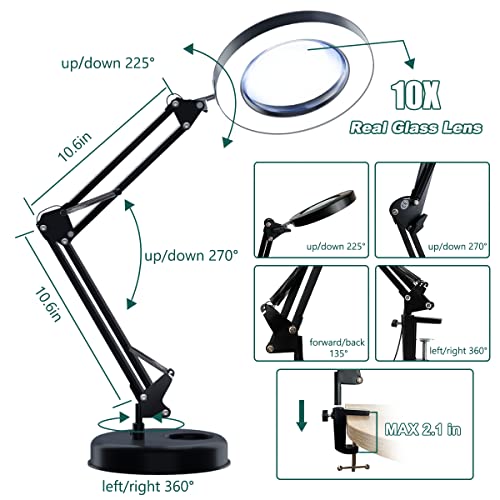 Magnifying Glass with Light and Stand, 10X LED Desk Magnifier, 3 Color Modes K670