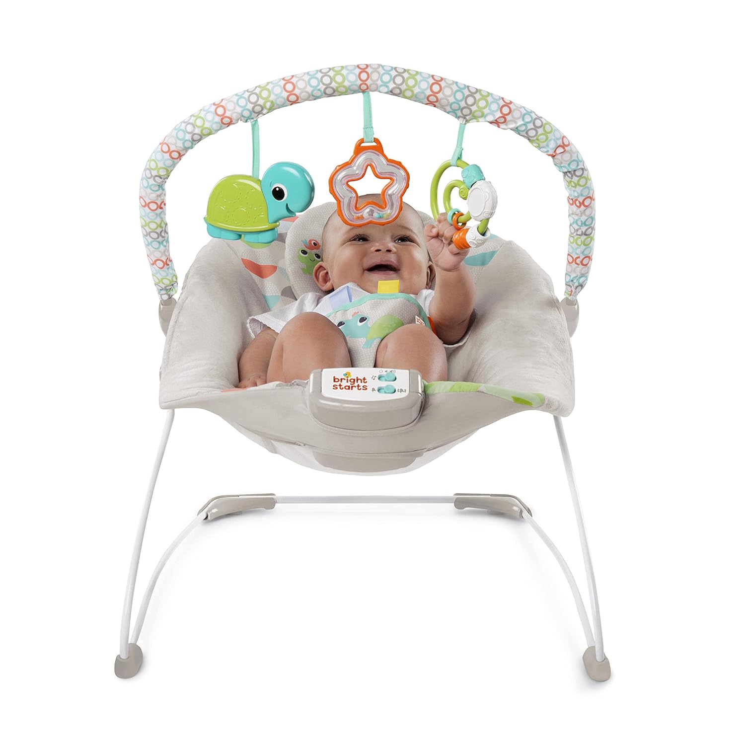 Bright Starts Baby Bouncer Soothing Vibrations Infant Seat with Taggies, Music & Toy Bar A498013