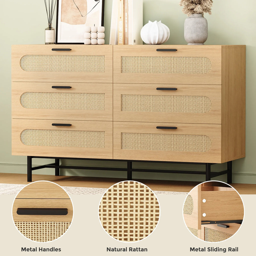 REHOOPEX 6 Drawer Dresser for Bedroom, Natural Rattan Chest of Drawers K6870