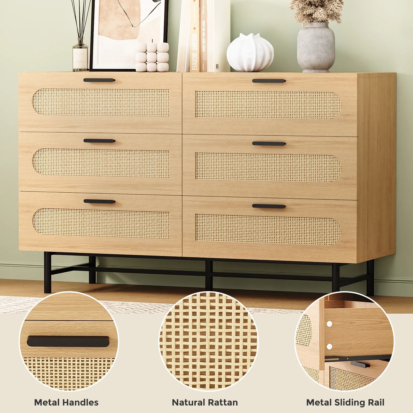 REHOOPEX 6 Drawer Dresser for Bedroom, Natural Rattan Chest of Drawers K6870