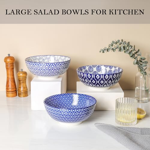 Selamica Ceramic Large Salad Bowls Set, 53 OZ, 8 Inch, Stackable, Set of 3, Vintage Blue G742