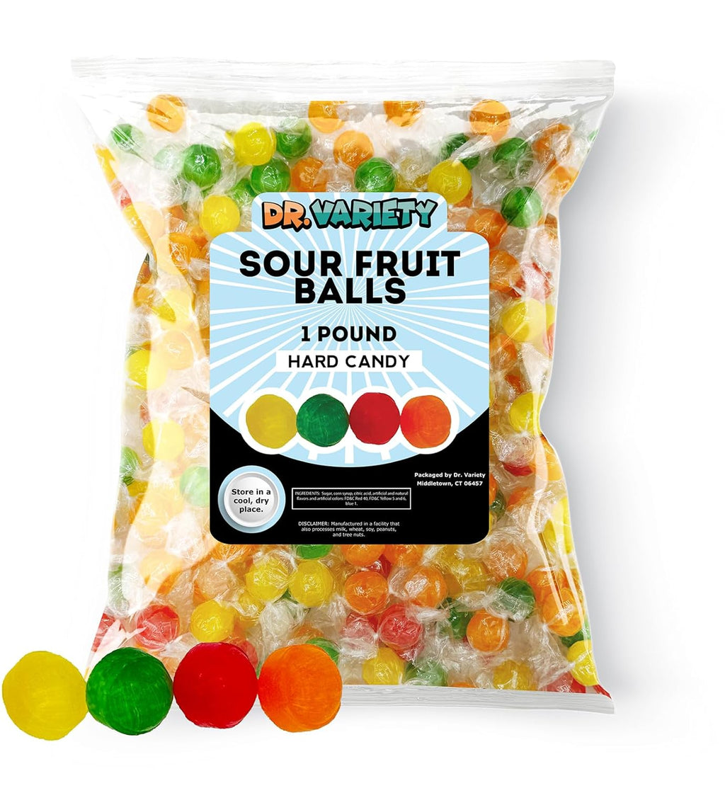 Assorted Fruit Sour Balls Hard Candy (1lb) - Bulk Sour Candy Individually Wrapped, Sour Ball Fruit Candies - Lightly Sour Candy Balls Variety By Dr. Variety