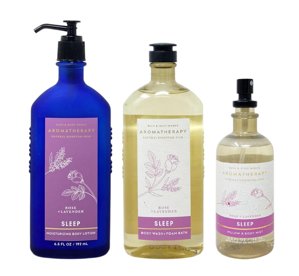 Bath & Body Works Aromatherapy Sleep ROSE + LAVENDER Trio Set - Body Lotion - Body Wash + Foam Bath - Pillow & Body Mist