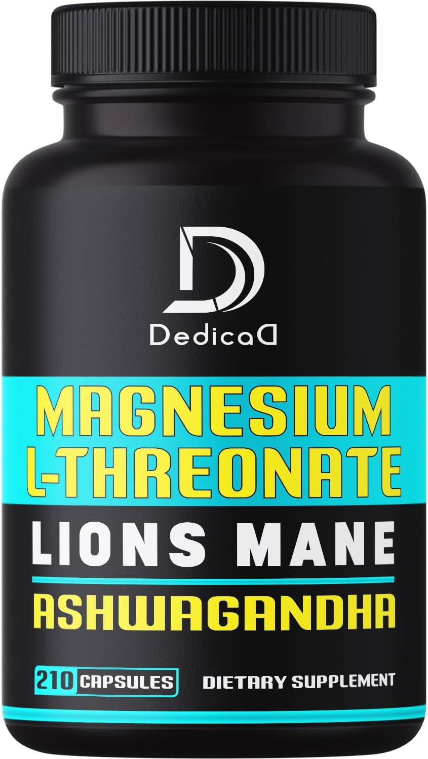 Magnesium L-Threonate Capsules with Lions Mane Mushroom & Ashwagandha Root - 210 Capsules - 1000Mg Per Serving