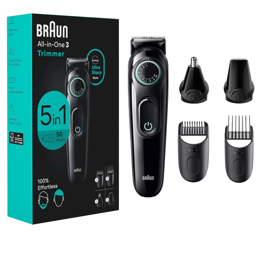 Braun All-in-One Style Kit Series 3 3450, 5-in-1 Trimmer for Men with Beard Trimmer, Ear & Nose Trimmer, Hair Clippers & More, Ultra-Sharp Blade, 40 Length Settings and Washable, Black