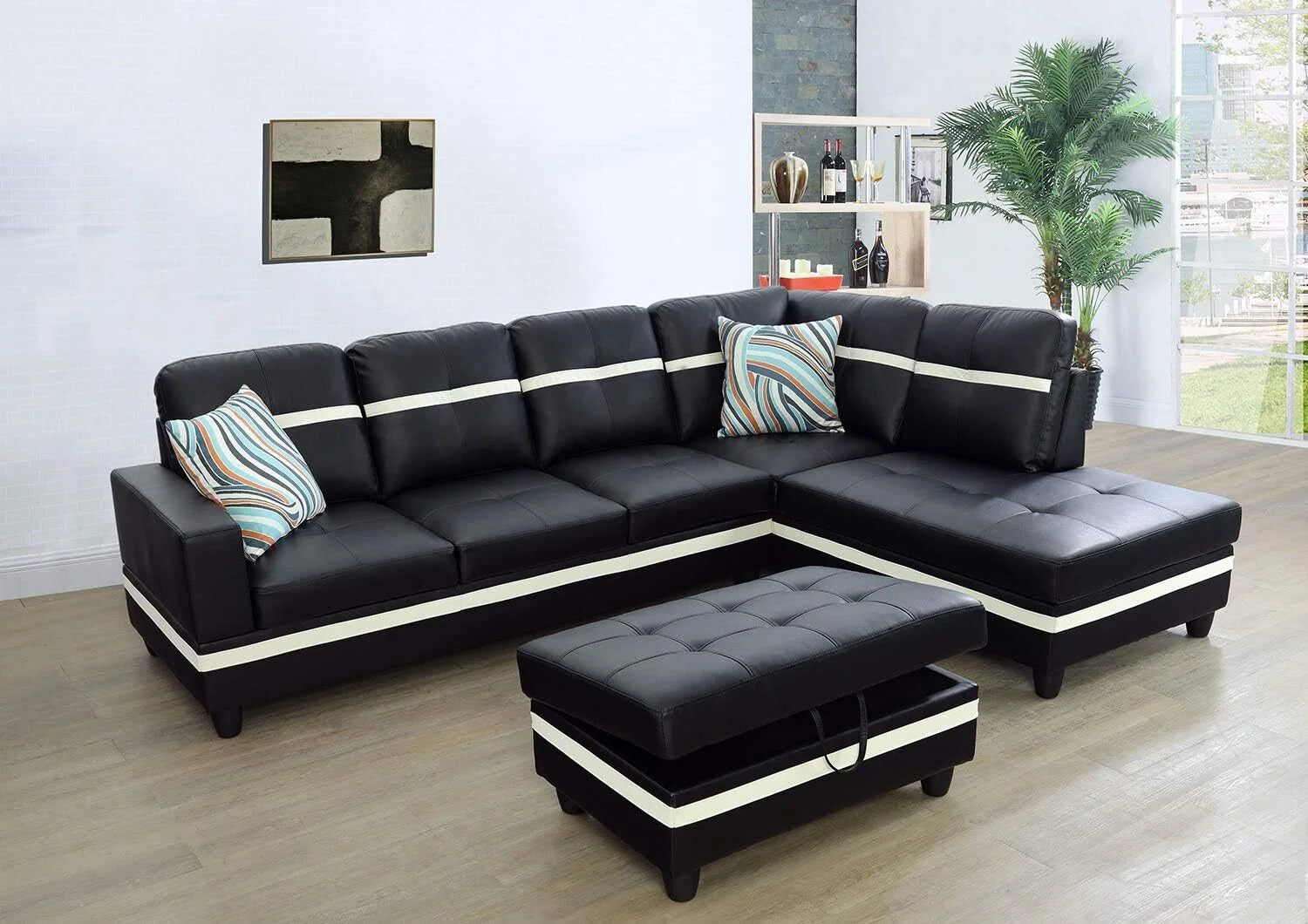 Ainehome 103.5" Leather Sectional Sofa Set, 3-Piece L-Shaped Living Room Couch Sets with Chaise Storage Ottoman and Pillows, Black