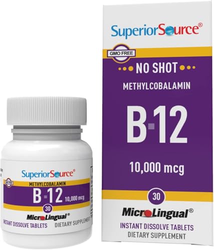 Superior Source No Shot Vitamin B12 Methylcobalamin 1000 mcg, Quick Dissolve MicroLingual Tablets, 60 Count, Active Form of B12, Supports Energy Production, Nervous System Support, Non-GMO