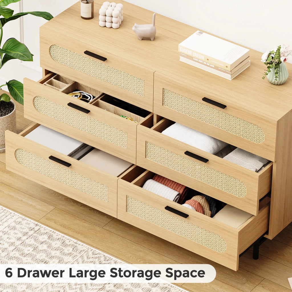 REHOOPEX 6 Drawer Dresser for Bedroom, Natural Rattan Chest of Drawers K6870