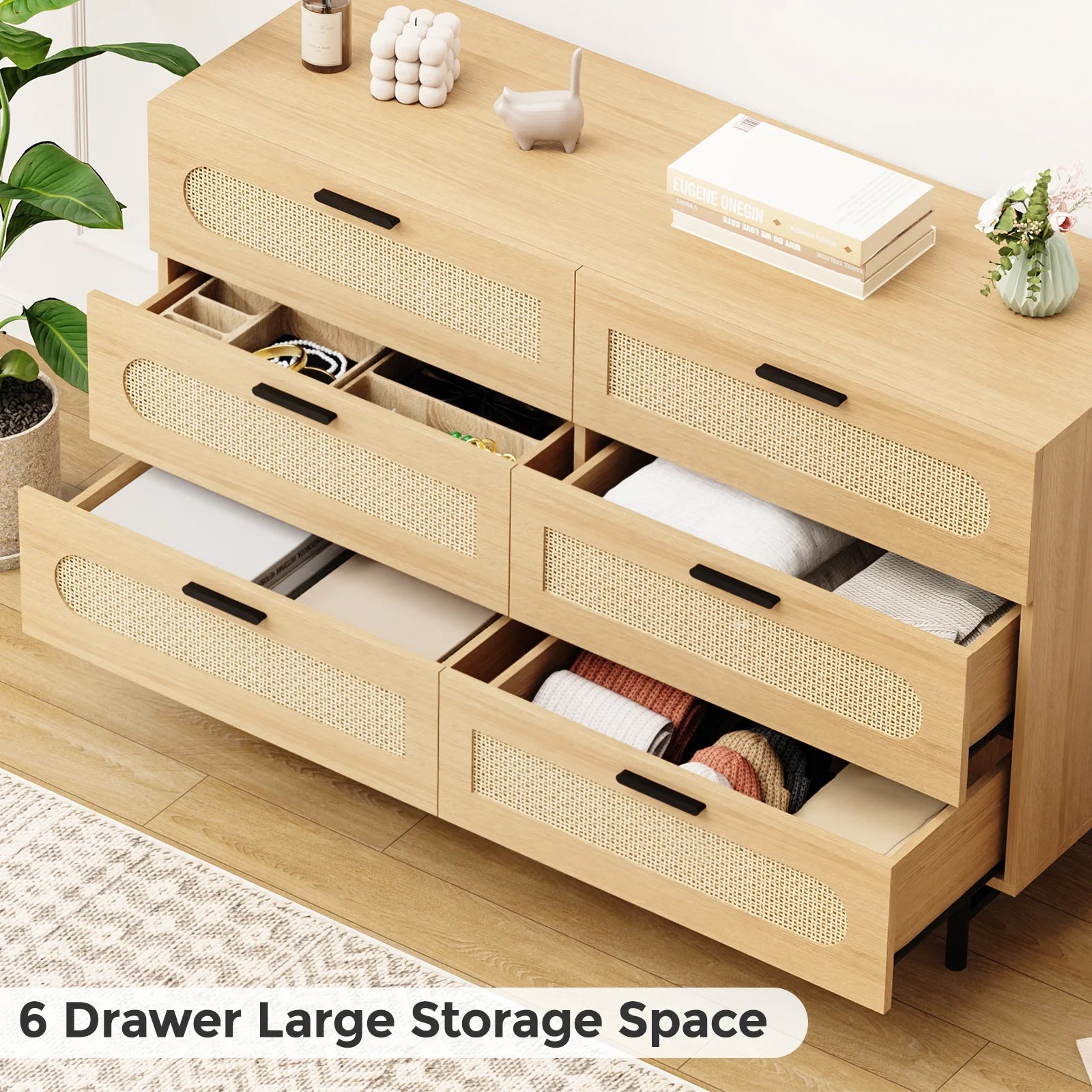 REHOOPEX 6 Drawer Dresser for Bedroom, Natural Rattan Chest of Drawers K6870