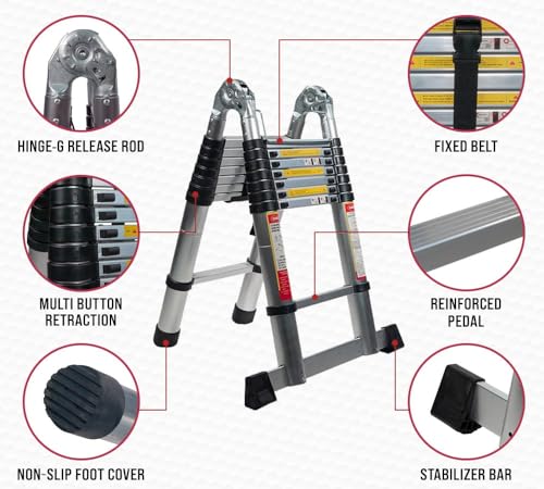 Mytee Products 16.5' Telescoping Aluminum A Frame Ladder with Carry Handle & Tool Tray W41797