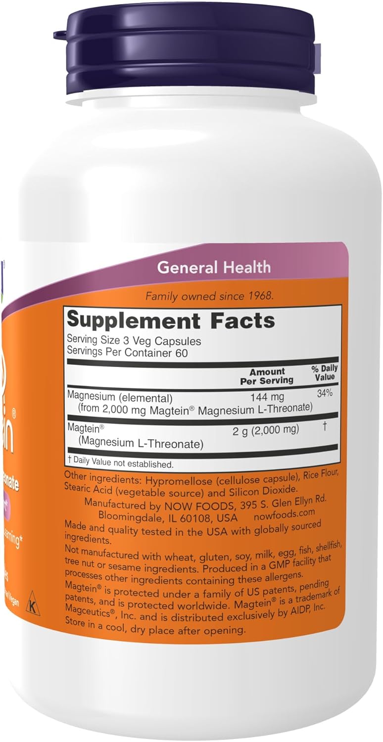 NOW Supplements Magtein, Magnesium L-Threonate, 180 Veg Capsules D266